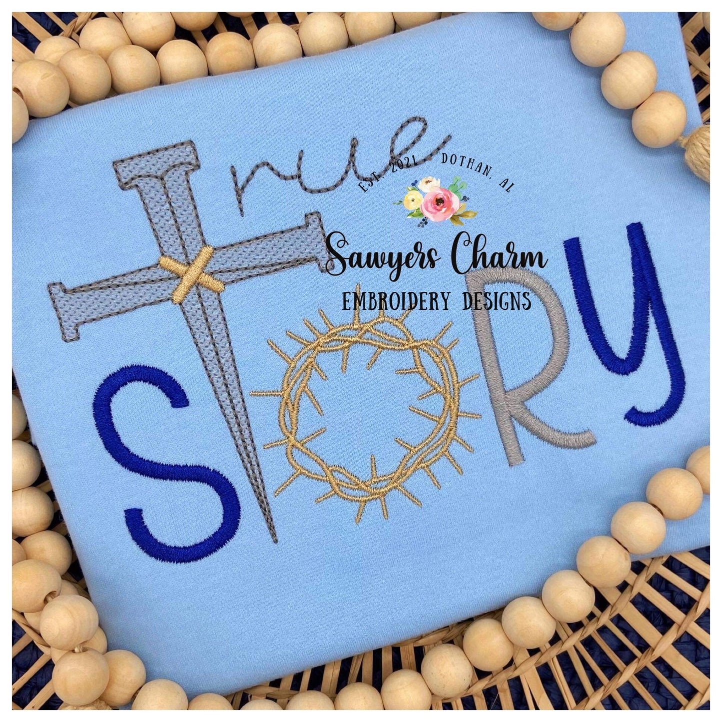 TRUE STORY Crown of thorns, cross & nails sketch stitch machine embroidery design file, satin stitch letters, Easter resurrection, Jesus