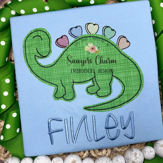 BUNDLE Candy heart dinosaur zigzag and bean stitch machine applique embroidery design file, bow option, quick stitch, Valentine's Day, love