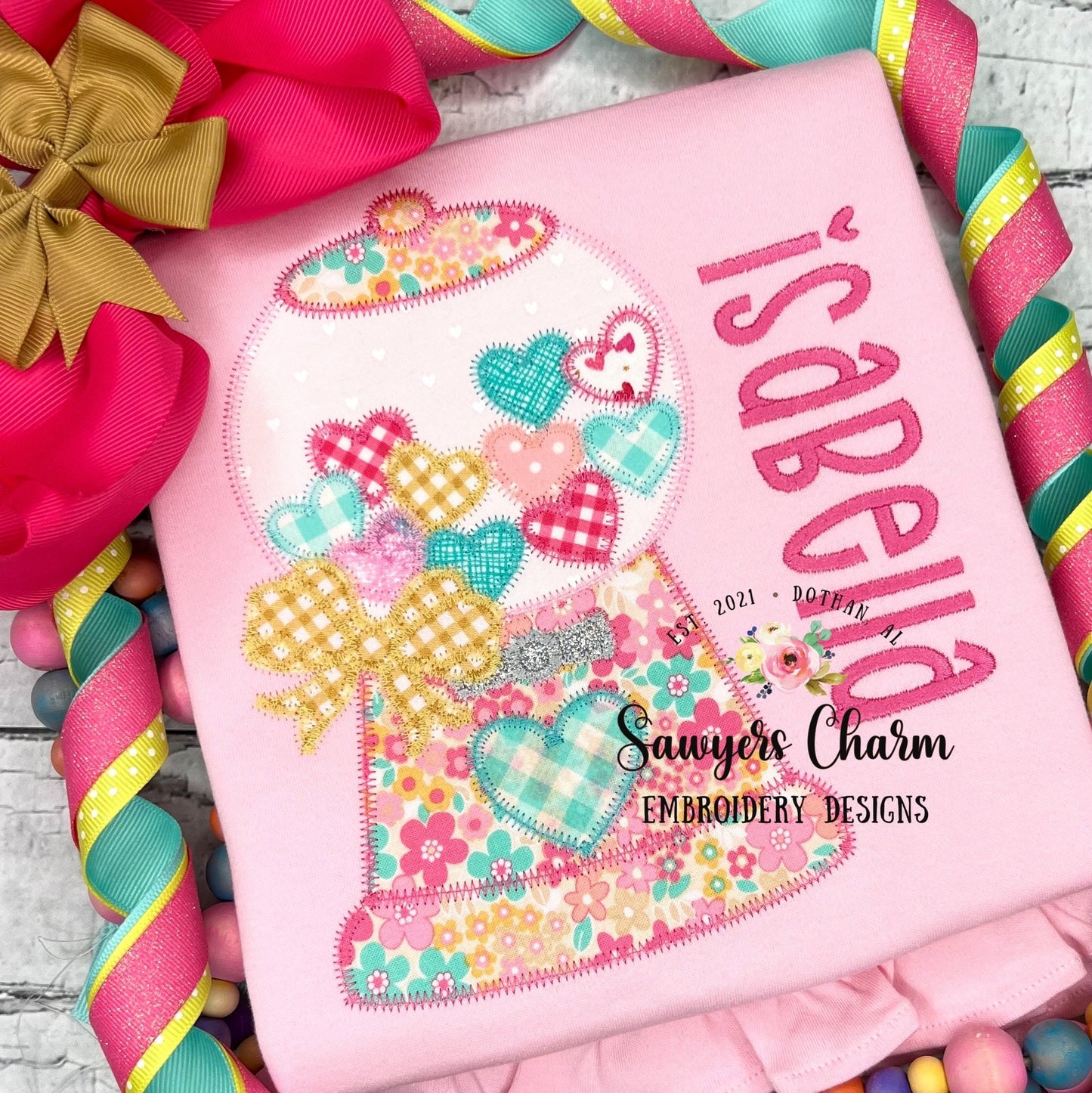 BUNDLE Heart gumball machine with bow zigzag & bean stitch machine applique embroidery design file, Valentine's Day, love, hugs and kisses