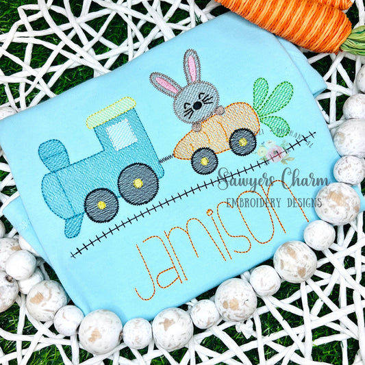 BUNDLE Train carrot car & bunny with and without bow sketch stitch machine embroidery design file, train track, choo choo, Easter rabbit