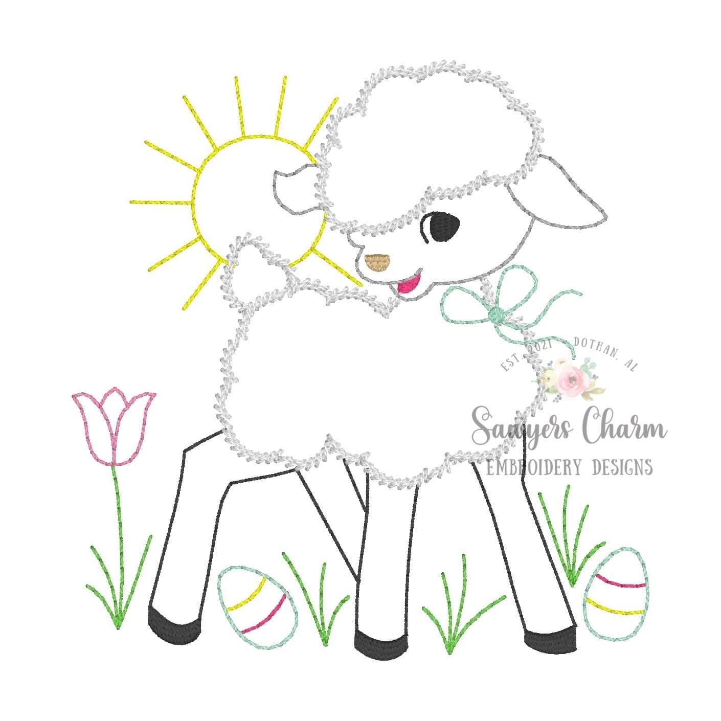 Vintage lamb with bow bean stitch machine embroidery design file, quick stitch, Easter, He is risen, spring, eggs, grass, sunshine, flowers