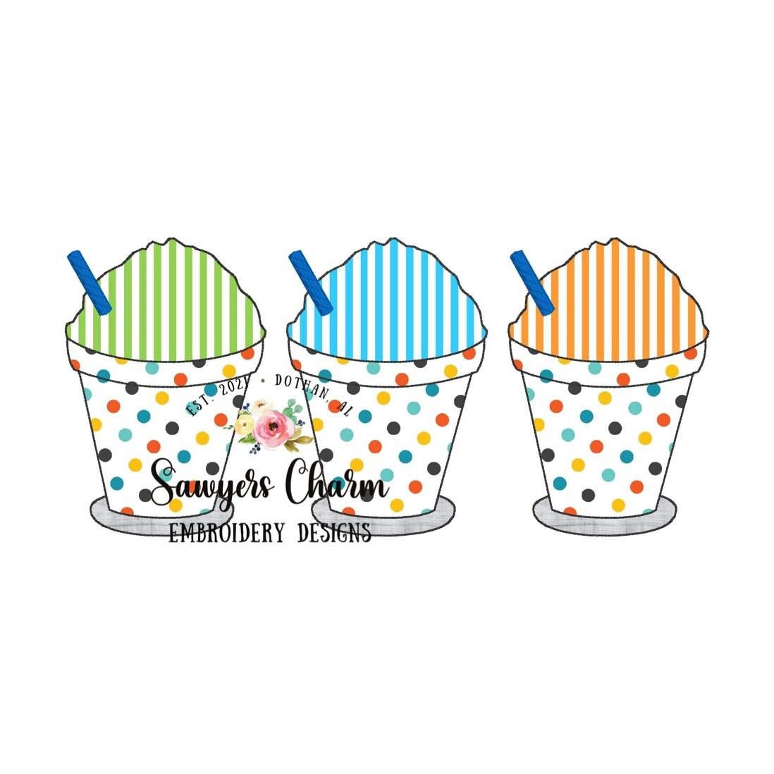 BUNDLE Snoball in cup with straw trio, with/without bow bean & zigzag machine applique design, summer, spring, snacks, ice cream snow cone