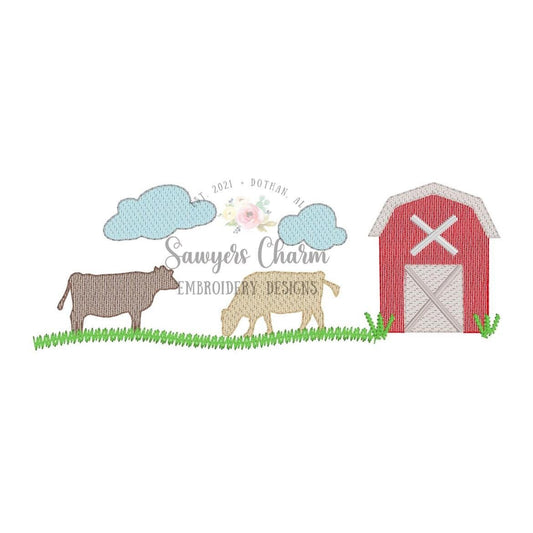 BUNDLE Cows in field with/without bows, farm, barn sketch machine embroidery design file, quick stitch, animals, cattle farmer, clouds