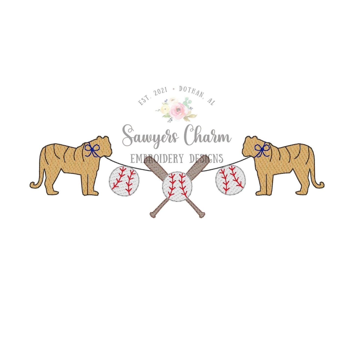 BUNDLE Tiger mascot baseball & bats bunting banner with and without bows sketch stitch embroidery design file, college university, softball