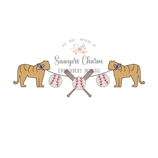 BUNDLE Tiger mascot baseball & bats bunting banner with and without bows sketch stitch embroidery design file, college university, softball