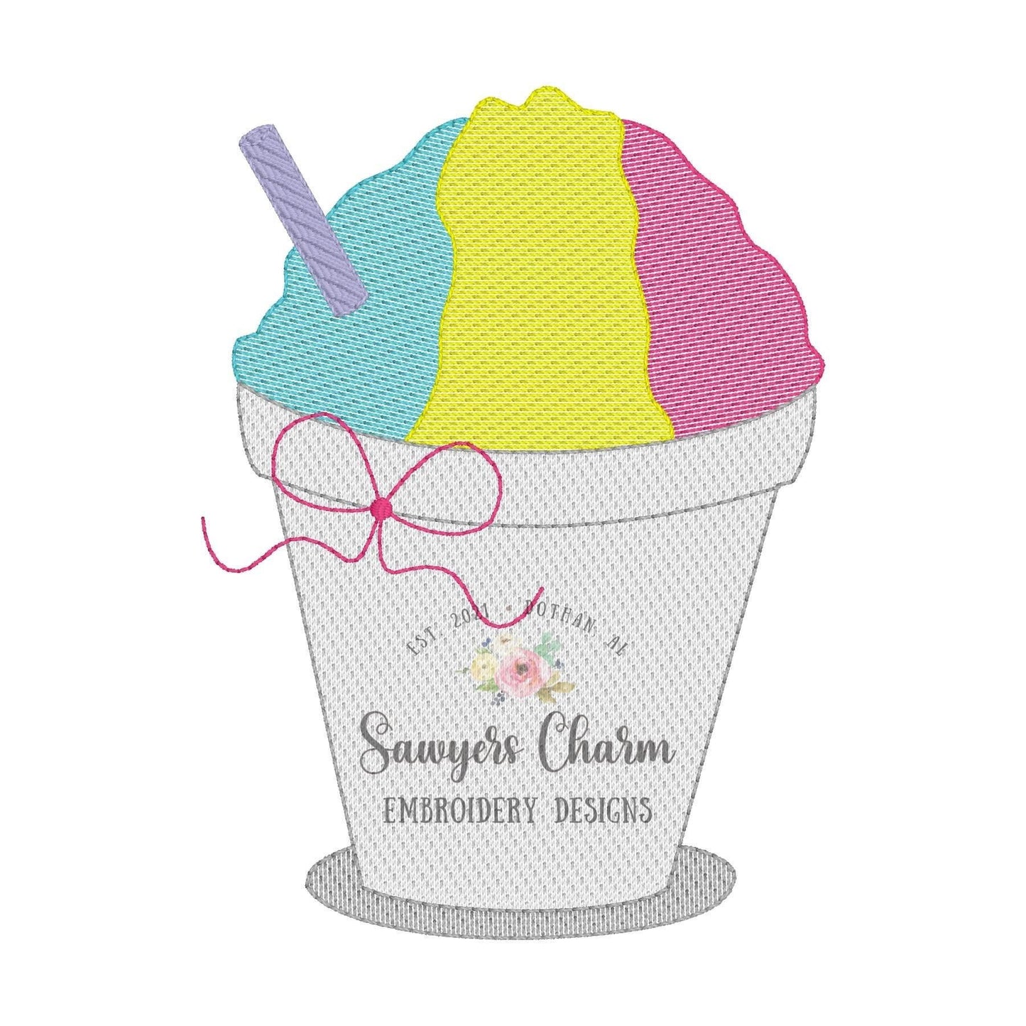 BUNDLE Snoball in cup with straw with & without bow sketch stitch machine embroidery design file, summer, spring snacks, ice cream snow cone