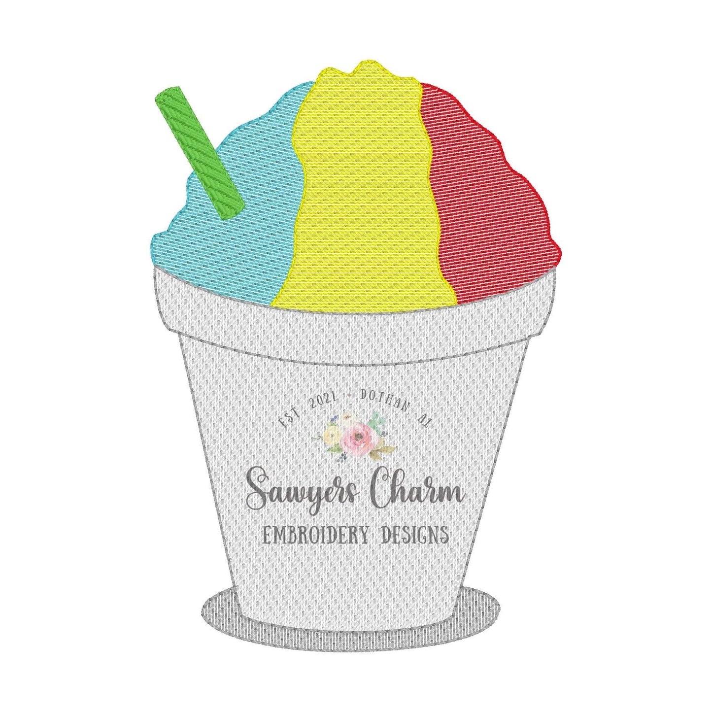 BUNDLE Snoball in cup with straw with & without bow sketch stitch machine embroidery design file, summer, spring snacks, ice cream snow cone