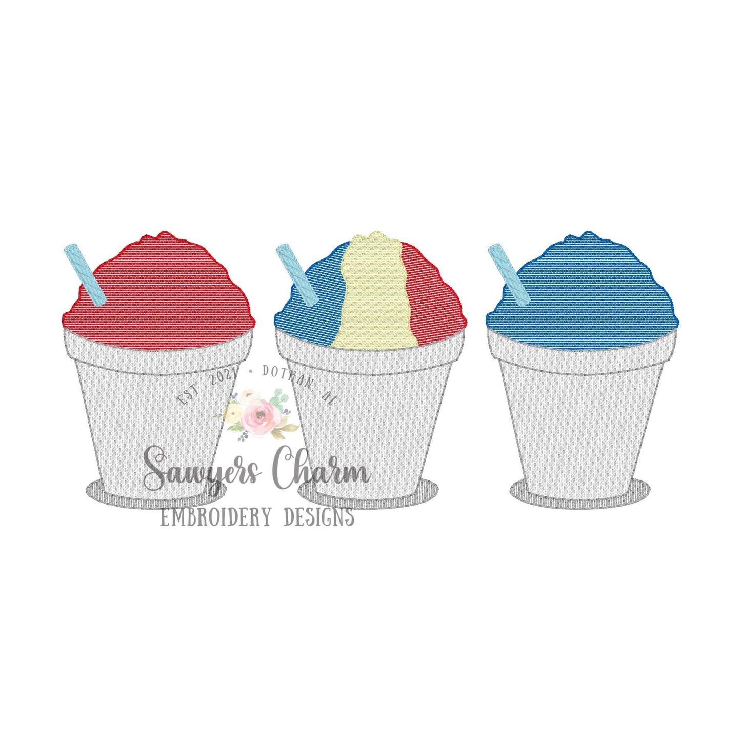 BUNDLE Snoball in cup with straw trio, with/without bow sketch stitch machine embroidery design, summer, spring, snacks, ice cream snow cone