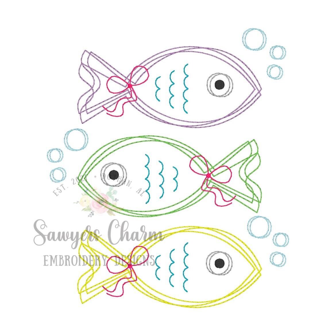 BUNDLE Squiggly fish in water with bubbles trio with/without bows, bean stitch machine embroidery design file, waves, ocean lake, summer