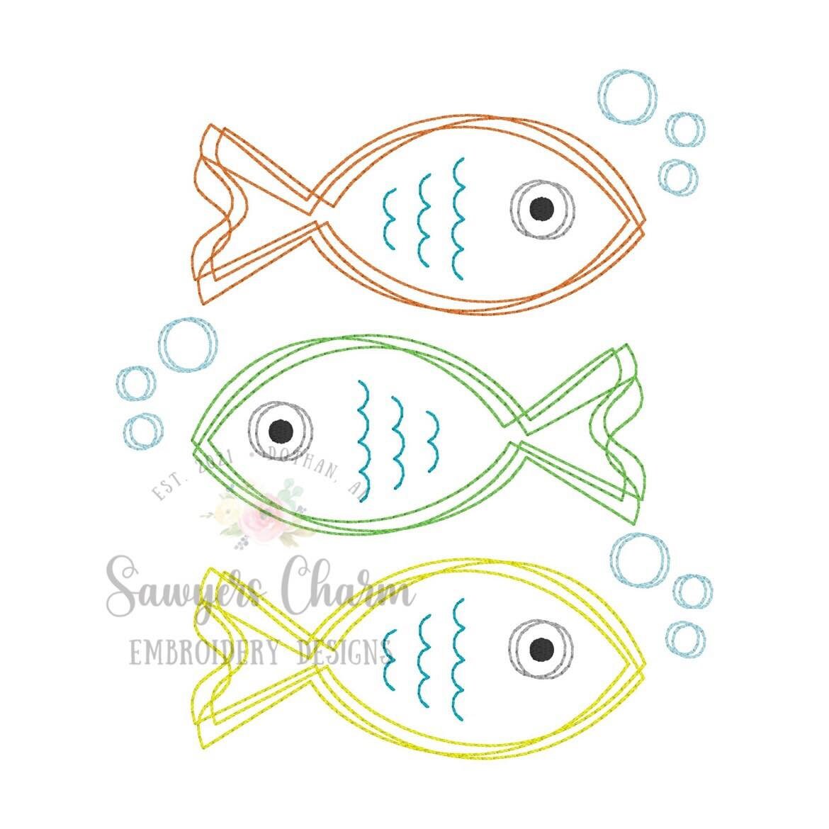 BUNDLE Squiggly fish in water with bubbles trio with/without bows, bean stitch machine embroidery design file, waves, ocean lake, summer