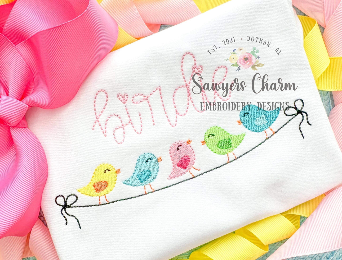 Birds on a line/wire with bows bunting, sketch stitch machine embroidery design file, quick stitch, summer, spring, sweet little birdies
