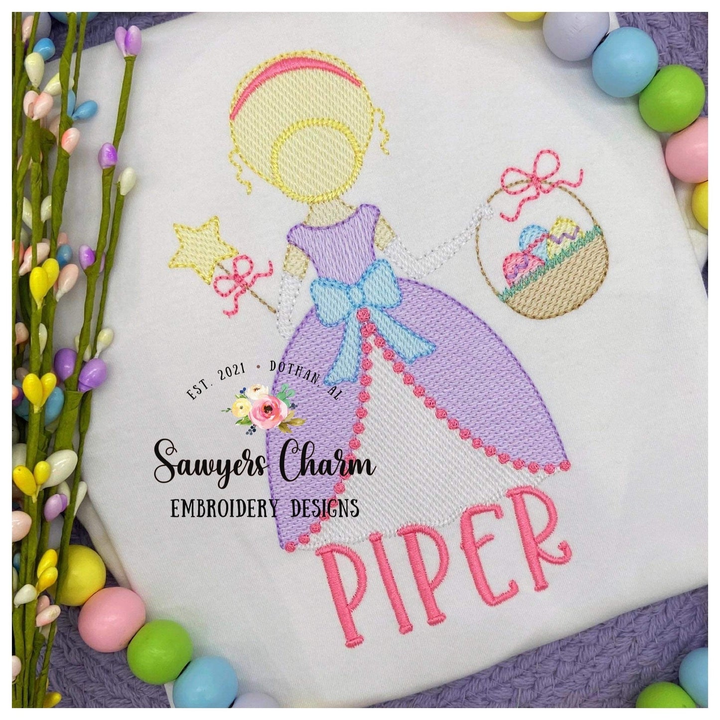 Easter princess sketch stitch machine embroidery design file, quick stitch, Easter egg basket, bows, magic wand, egg hunt, spring