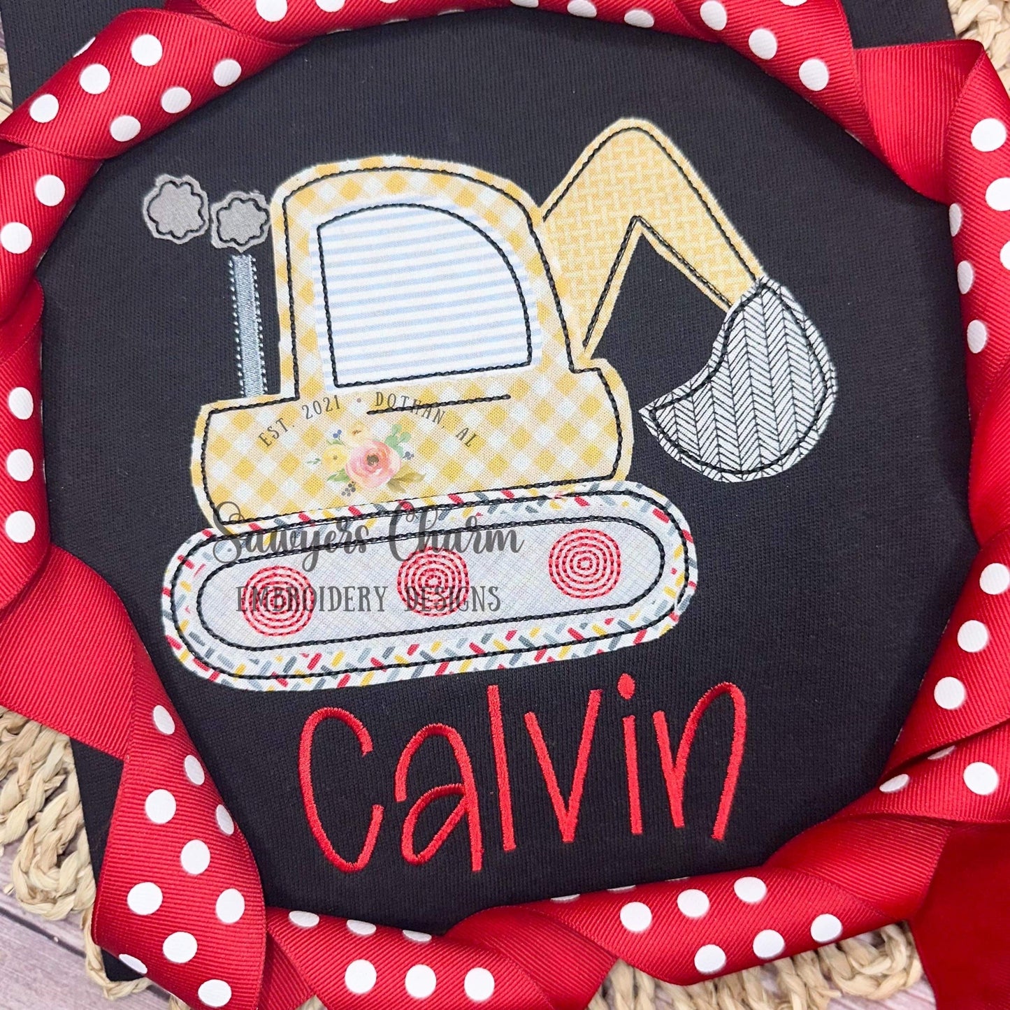 BUNDLE Excavator/digger with and without bow, bean stitch machine applique design embroidery file, quick stitch, construction
