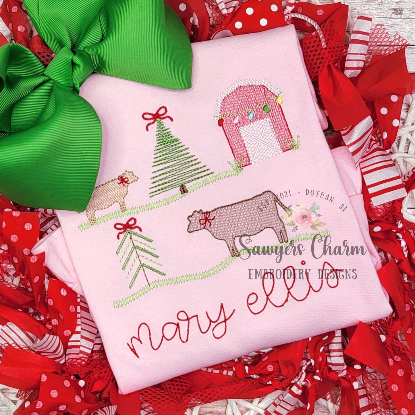 BUNDLE Christmas farm with two cows with stars & bow sketch stitch machine embroidery design file quick stitch, farm animals, rustic
