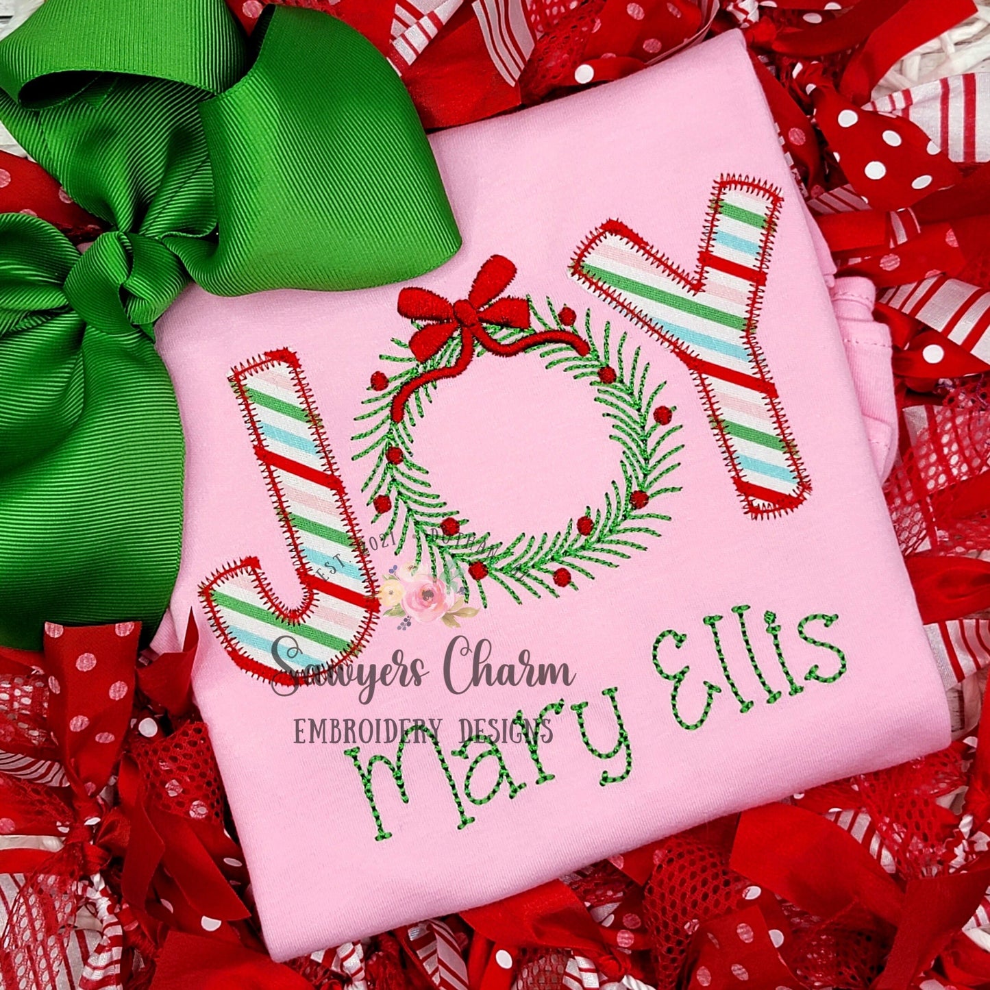 BUNDLE Christmas JOY wreath with bow zigzag applique/sketch stitch/decorative sketch, machine embroidery design file, bean stitch, holidays