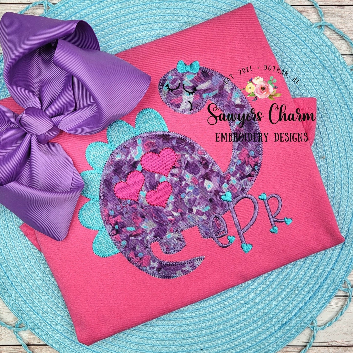 BUNDLE Girl dinosaur with bow & heart spots bean and zig zag stitch applique, machine embroidery design file, love, hugs/kisses, Valentine