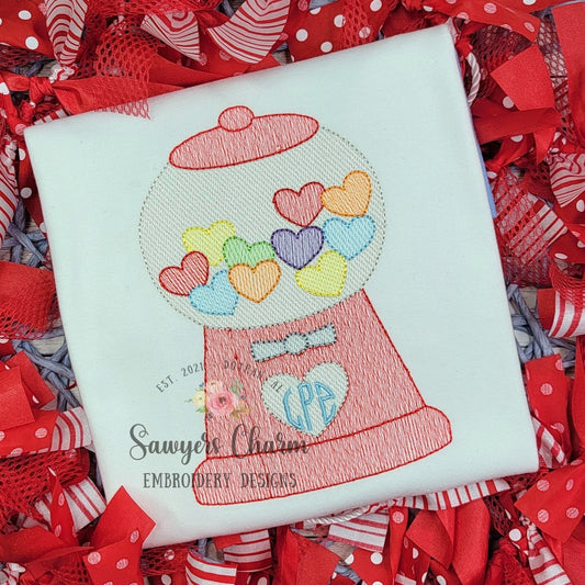 Heart gumball machine sketch stitch embroidery design file, Valentine's Day, love, hugs and kisses, candy hearts, quick stitch