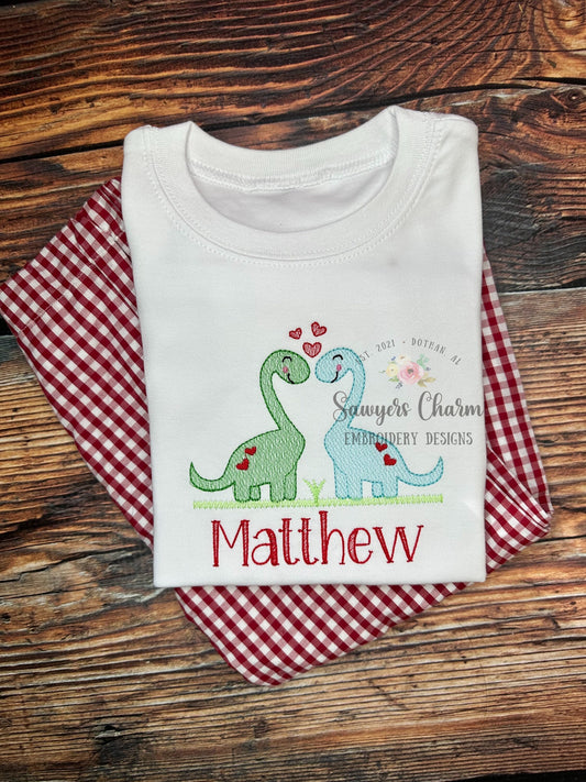 Pair of dinosaurs with hearts sketch stitch machine embroidery design file, love, zoo, quick stitch, bean stitch details, Valentine's Day