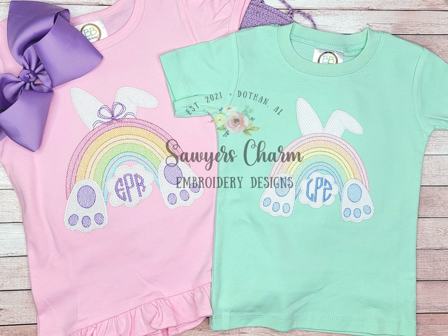 BUNDLE Bunny ears, tail & feet rainbow with/without bow sketch stitch machine embroidery design file, quick stitch, peter cottontail rabbit