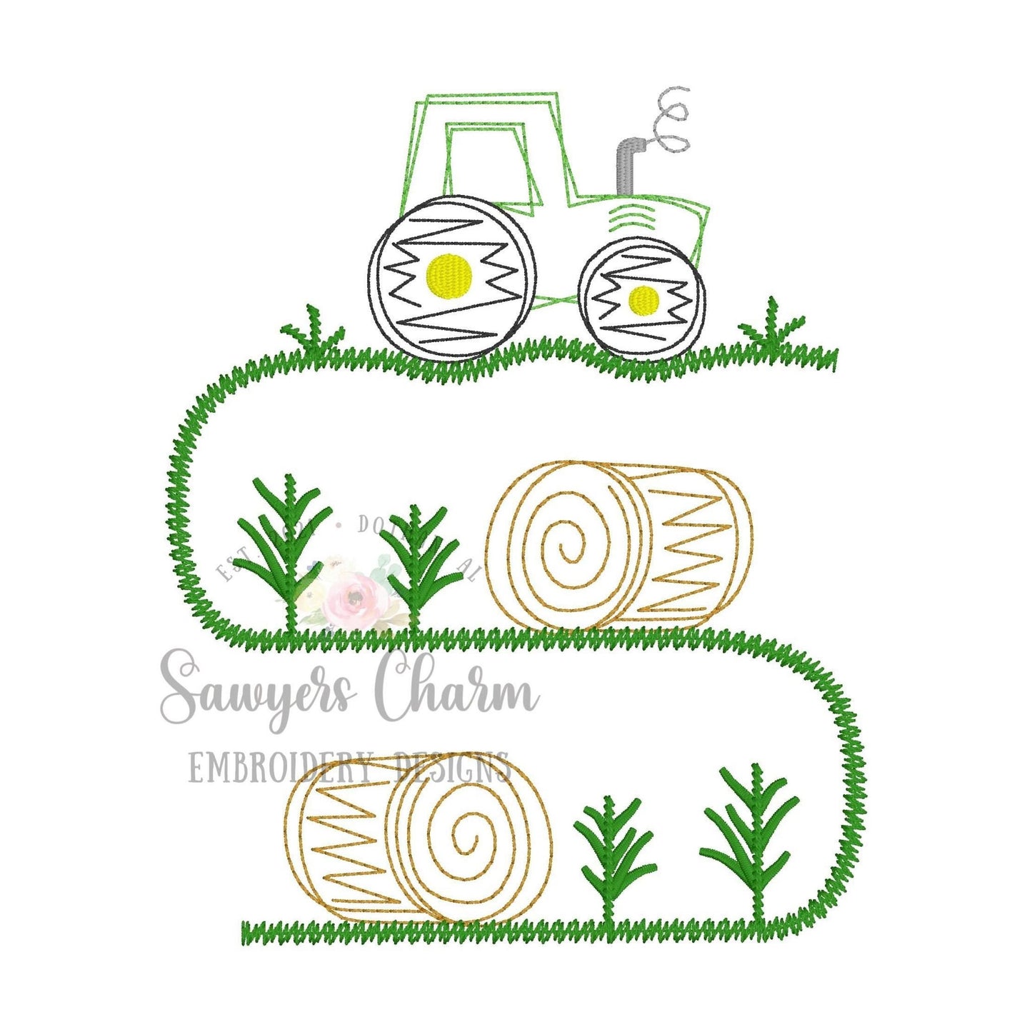 Squiggly Tractor hay bales trio bean stitch machine embroidery design file, quick stitch, farming, harvest, transportation, wheat, crops