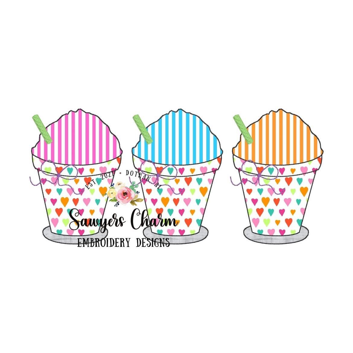 BUNDLE Snoball in cup with straw trio, with/without bow bean & zigzag machine applique design, summer, spring, snacks, ice cream snow cone