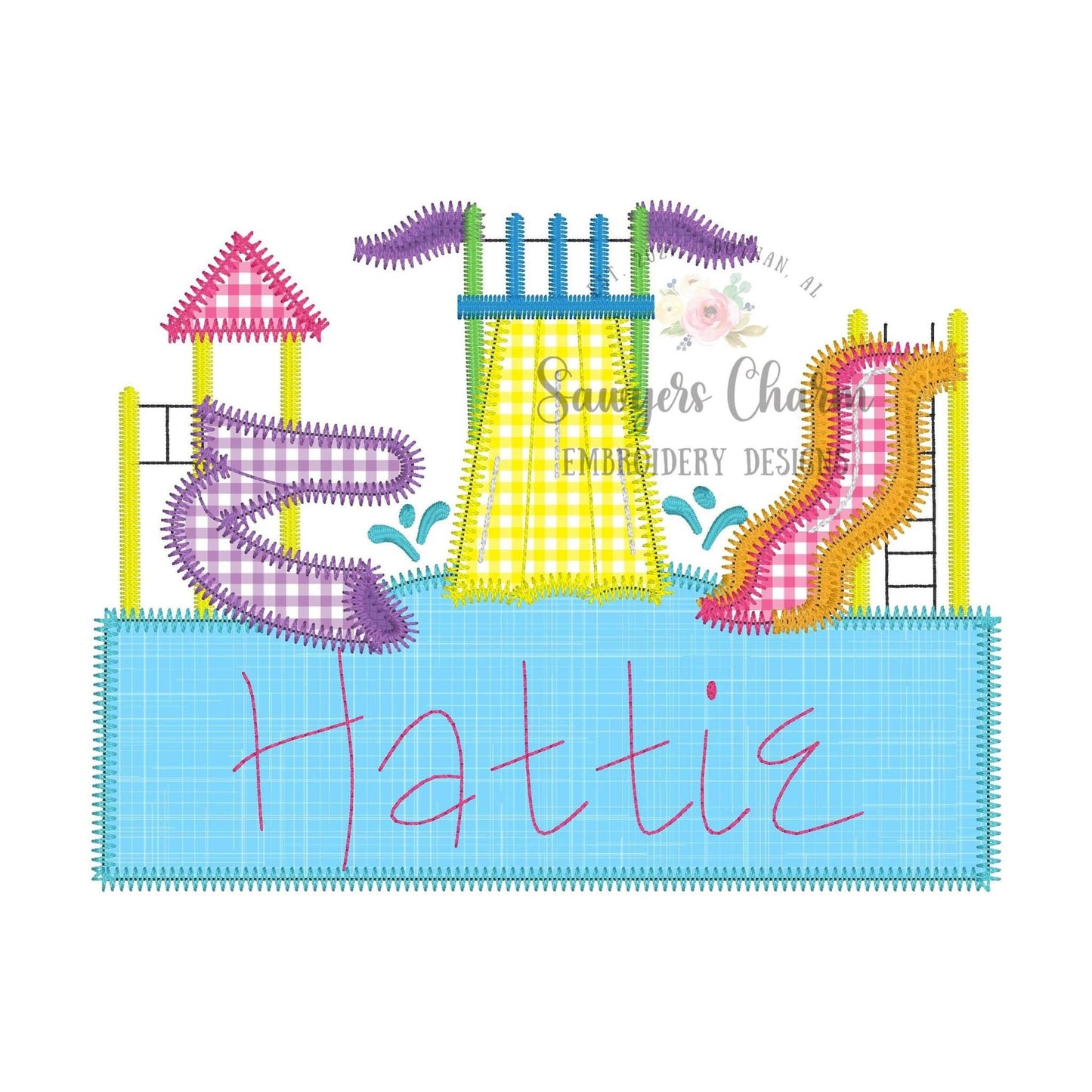 BUNDLE Water park slides trio bean & zig zag stitch machine embroidery design file, quick stitch, summer fun, pool, swimming, play outside
