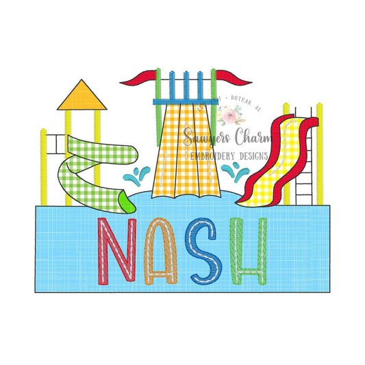 BUNDLE Water park slides trio bean & zig zag stitch machine embroidery design file, quick stitch, summer fun, pool, swimming, play outside