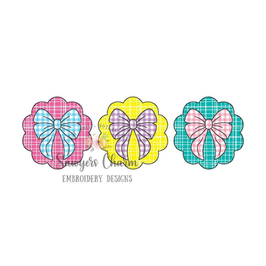 Scallop patch with bows trio bean stitch machine applique, embroidery design file, quick stitch, coquette, girls, hair ribbon, vintage