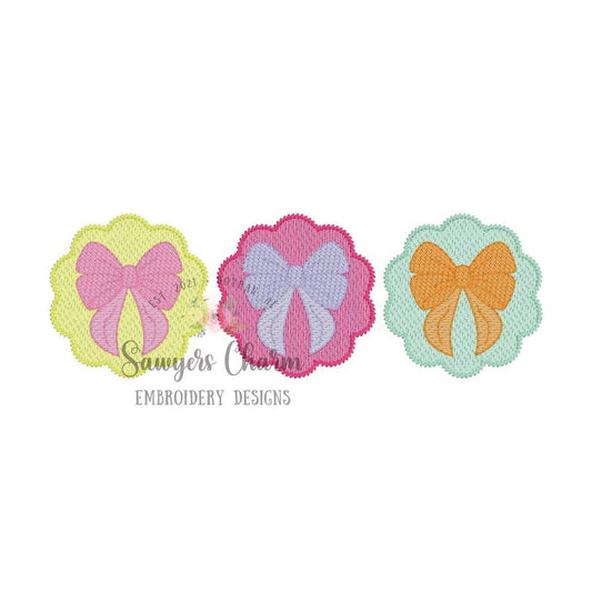 Scallop patch with bows trio light fill sketch stitch machine embroidery design file, quick stitch, coquette, girls, hair ribbon, vintage