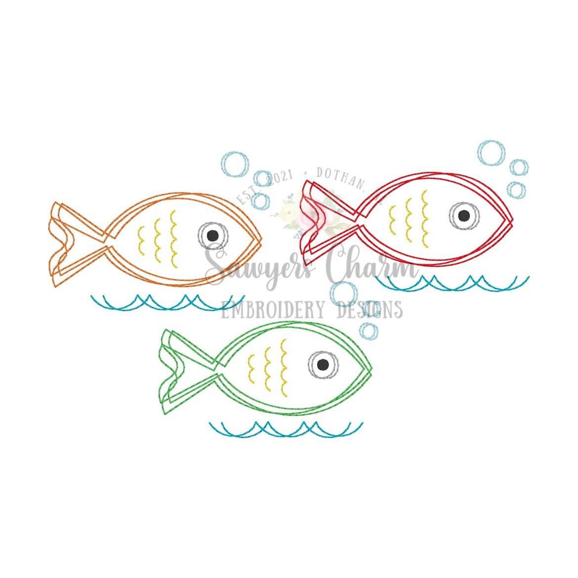 Squiggly fish in water with bubbles trio, quick stitch, vintage style, bean stitch machine embroidery design file, waves, ocean lake, summer