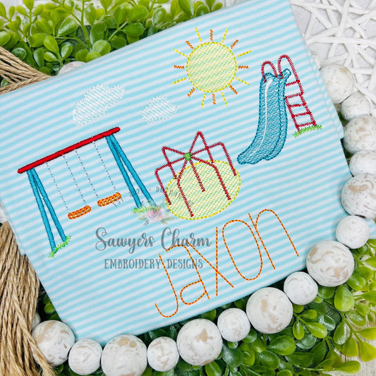 Playground equipment trio sketch stitch machine embroidery design file, quick stitch, back to school, recess, slide, swing, merry go round