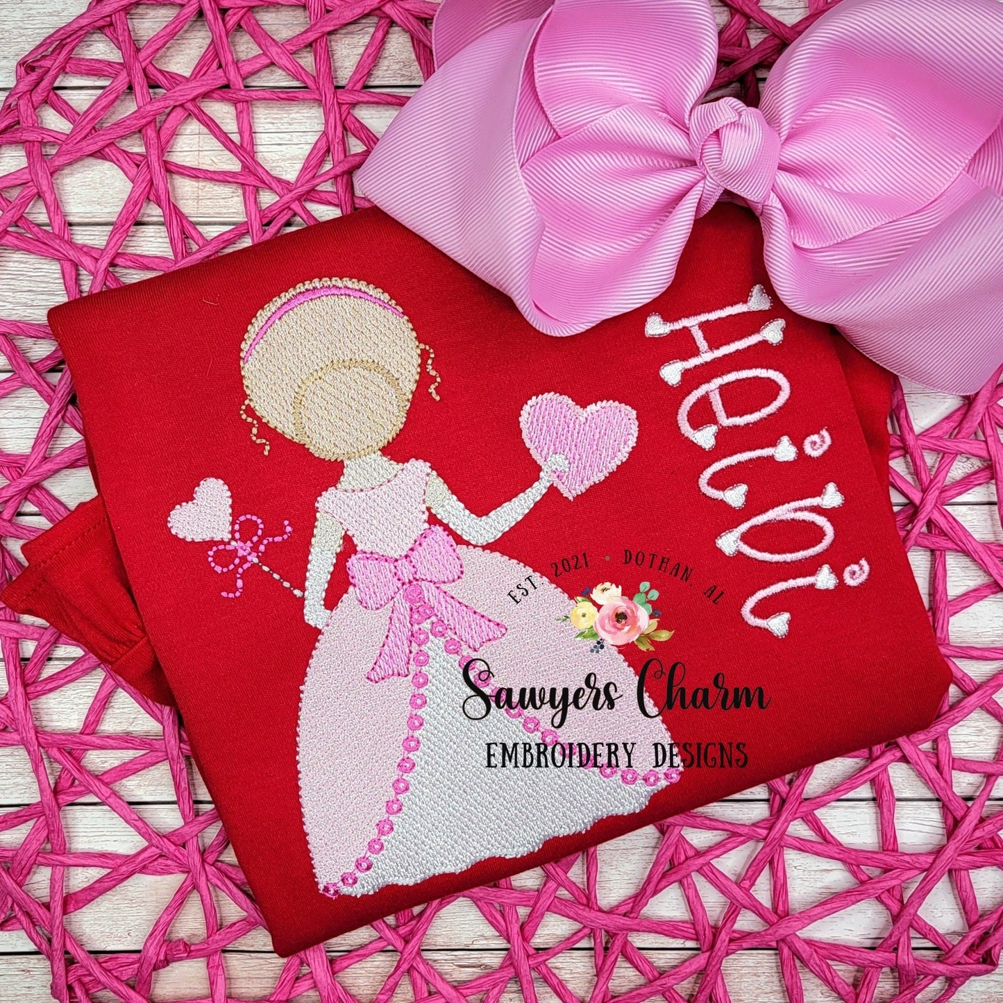 Valentine princess sketch stitch machine embroidery design file, quick stitch, heart, bow, hugs and kisses, magic wand, love