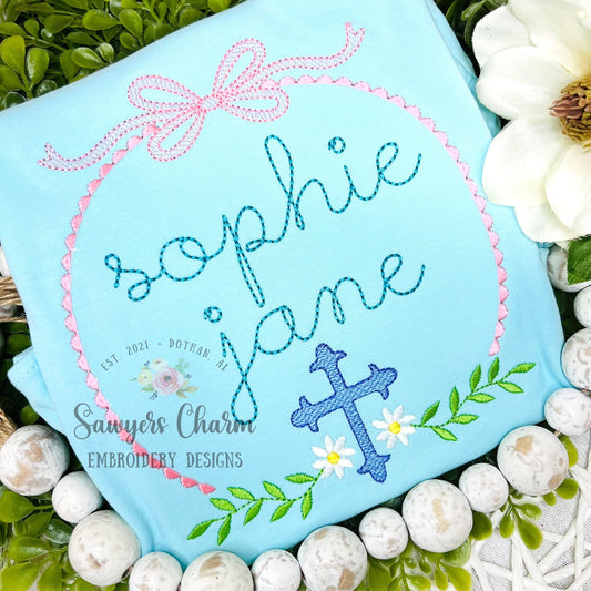 Floral cross monogram frame with bow, satin stitch/sketch stitch machine embroidery design file, quick stitch, flowers, laurel swag, spring