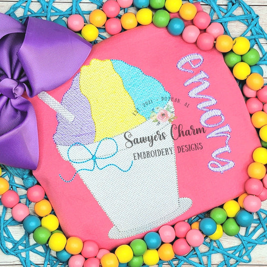 BUNDLE Snoball in cup with straw with & without bow sketch stitch machine embroidery design file, summer, spring snacks, ice cream snow cone