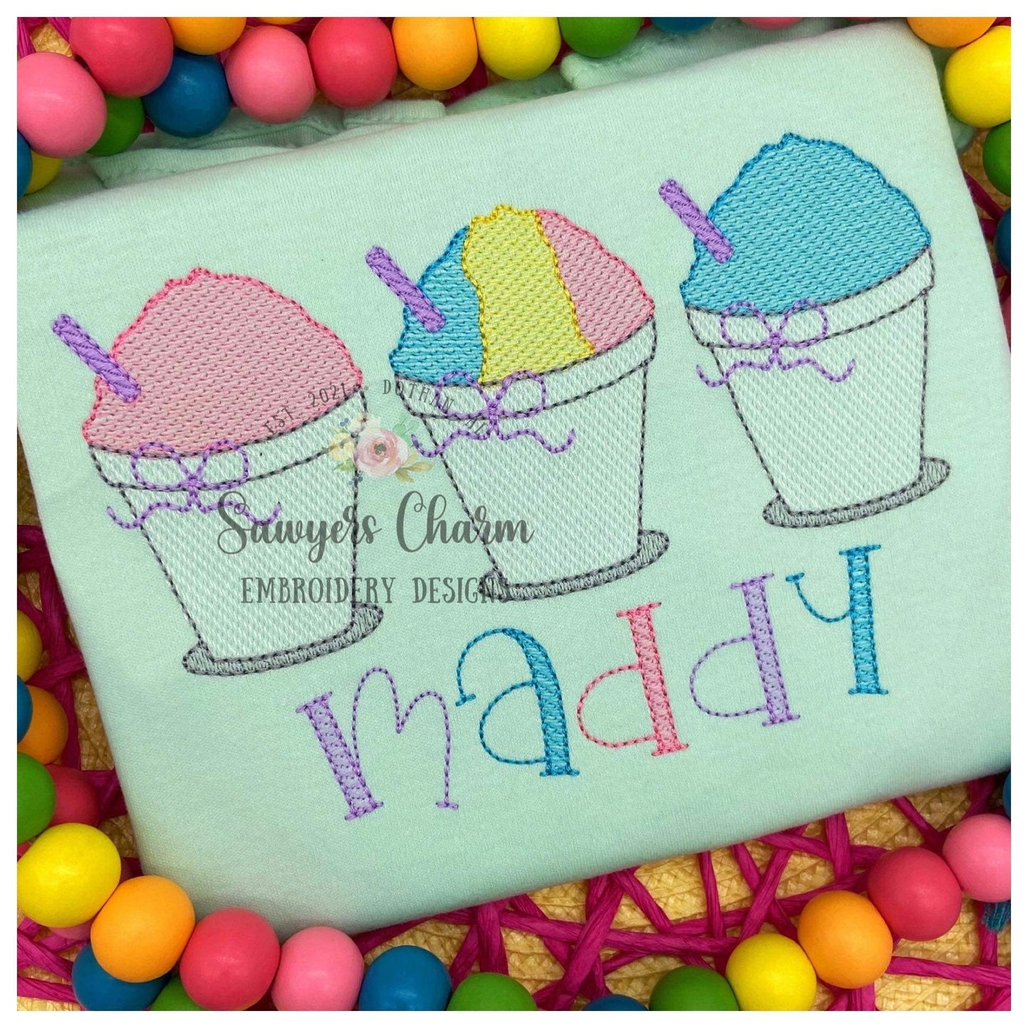 BUNDLE Snoball in cup with straw trio, with/without bow sketch stitch machine embroidery design, summer, spring, snacks, ice cream snow cone