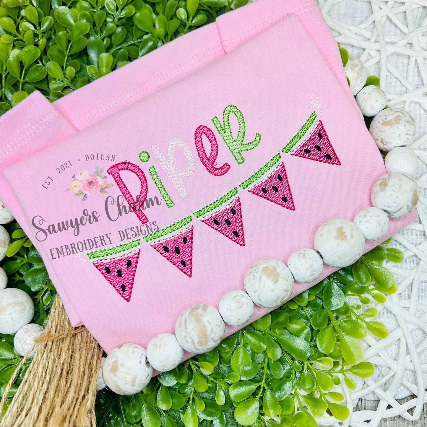 Watermelon sketch bunting banner machine embroidery design file, quick stitch, bean stitch with bows, summer