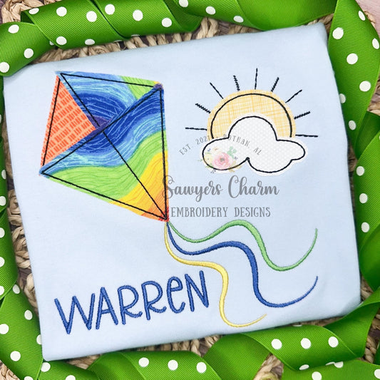 BUNDLE Kite with streamers with cloud and sunshine bean stitch/zig zag applique machine embroidery design file, quick stitch, summer spring