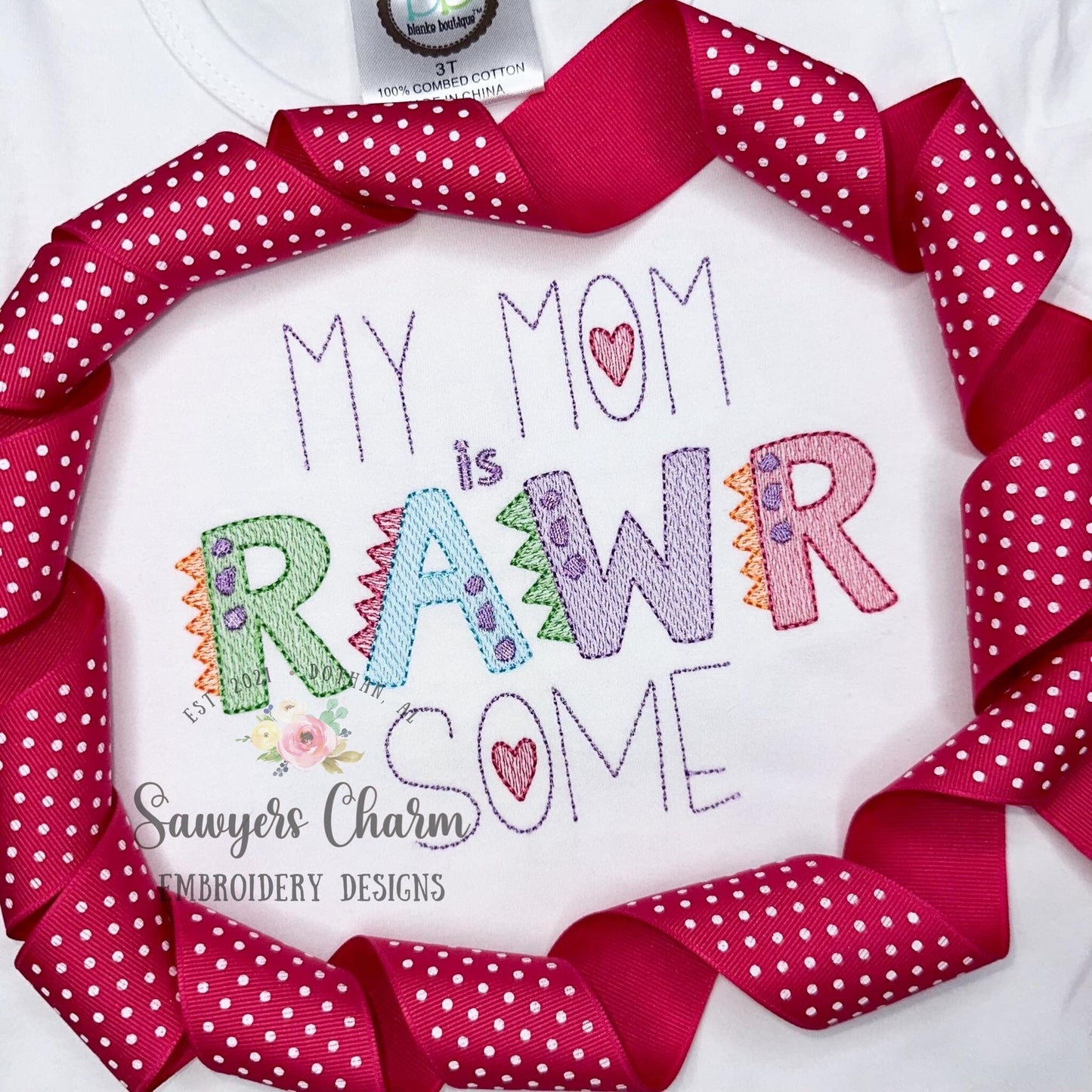 My mom is RAWRsome sketch stitch machine embroidery design file, baby boy/girl, Mother's Day, Dinosaur, love, dinos, roar, heart