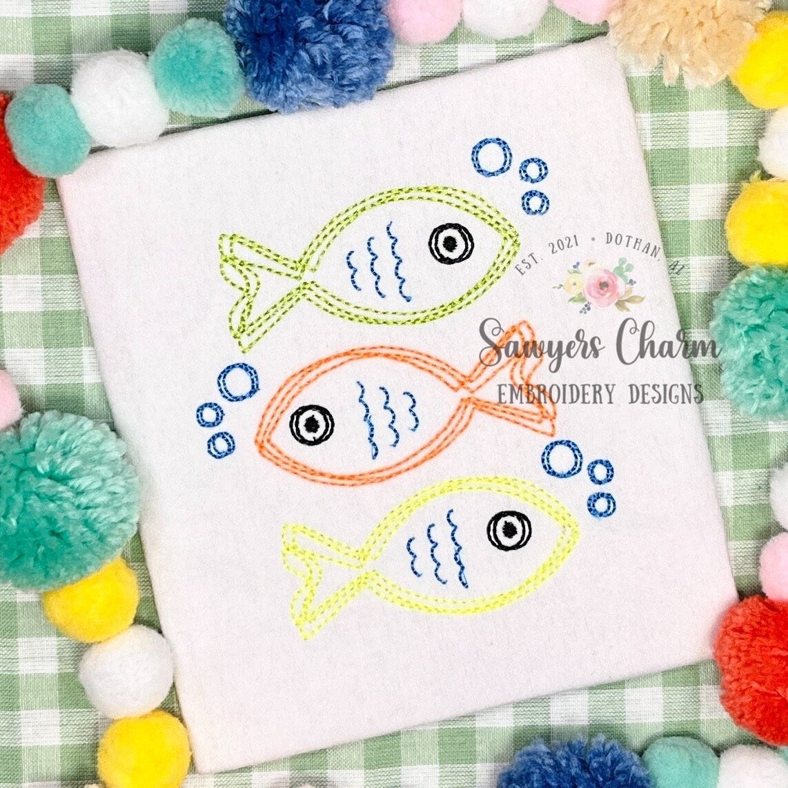BUNDLE Squiggly fish in water with bubbles trio with/without bows, bean stitch machine embroidery design file, waves, ocean lake, summer