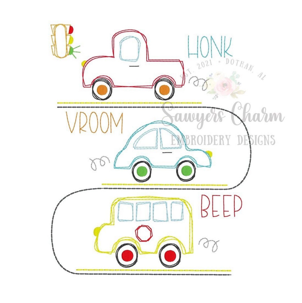 Squiggly truck, car, bus trio, quick stitch, vintage style, bean stitch machine embroidery design file, stoplight, road, honk, vroom, beep