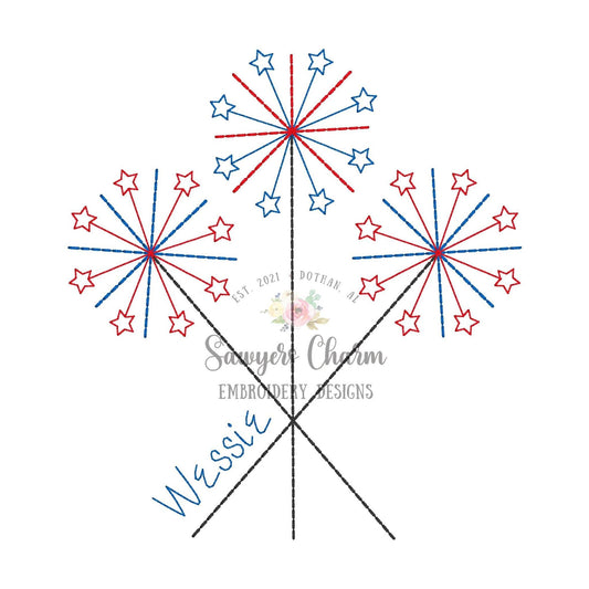BUNDLE Sparklers with stars bean stitch machine embroidery design file, with/without bow, quick stitch, patriotic Fourth of July, summer