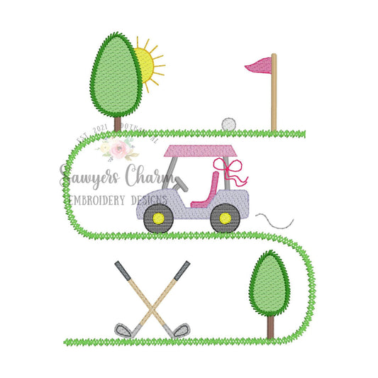 BUNDLE Golf course trio sketch stitch machine embroidery design file, quick stitch, with/without bow, clubs, putting green, flag, golf ball