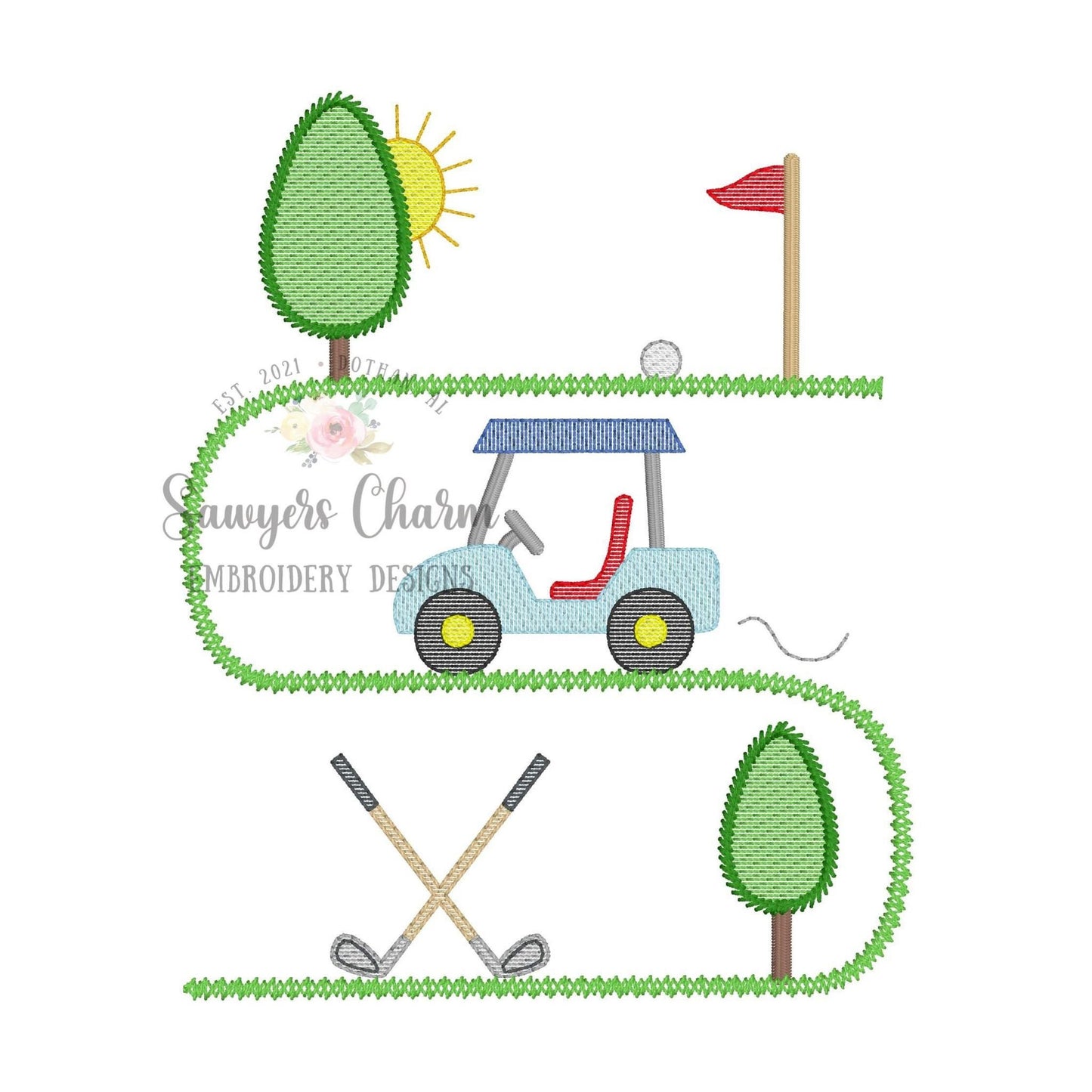 BUNDLE Golf course trio sketch stitch machine embroidery design file, quick stitch, with/without bow, clubs, putting green, flag, golf ball