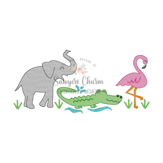 BUNDLE Zoo/jungle/safari animals with & without bows sketch stitch trio, machine embroidery design file, elephant, alligator, flamingo