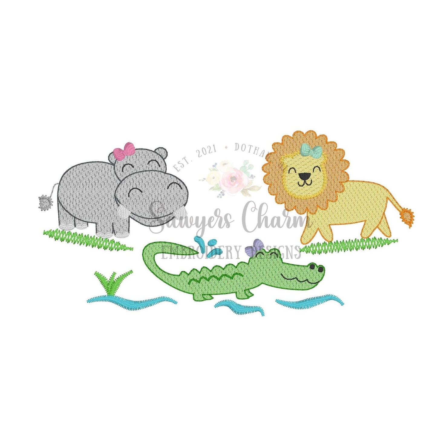 BUNDLE Zoo/jungle/safari animals with & without bows sketch stitch trio, machine embroidery design file, hippo, alligator with water, lion