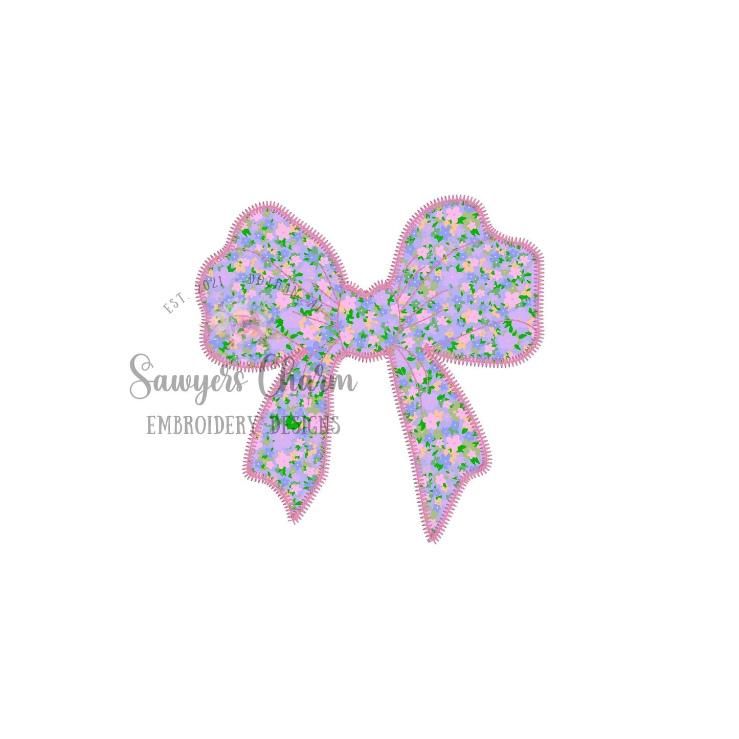 Bow with streamers zig zag stitch machine applique, embroidery design file, quick stitch, coquette, girls, hair ribbon, vintage
