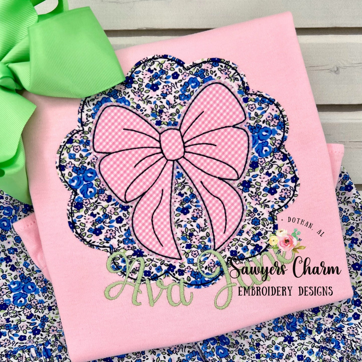 BUNDLE Scallop patch with bow bean & zigzag stitch machine applique, embroidery design file, quick stitch, coquette, girls, hair ribbon