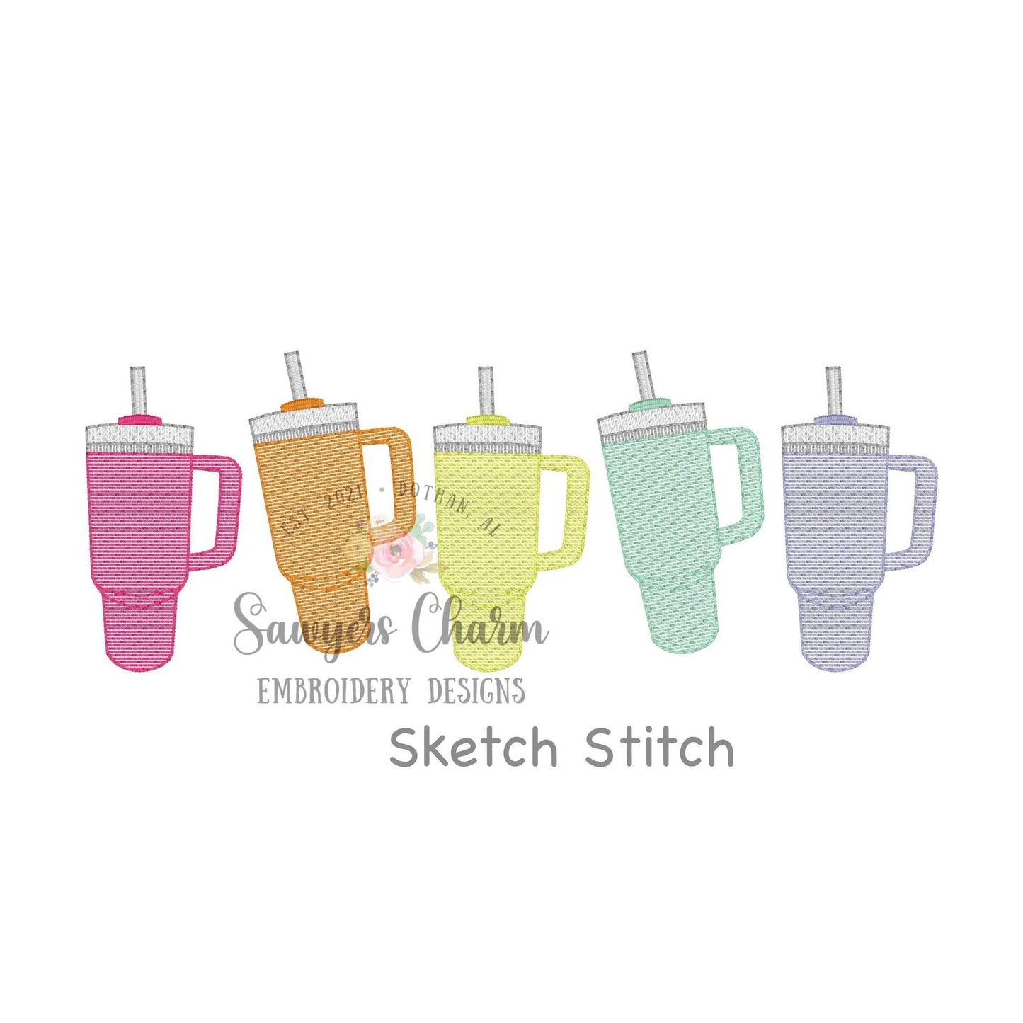 Tumbler to go water cups with straw in a row, sketch stitch machine embroidery design file, quick stitch, spring, summer, girl, coquette