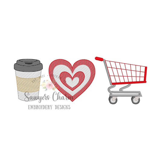 Coffee cup to go, heart bullseye, shopping cart buggy trio, sketch stitch machine embroidery design, mom life