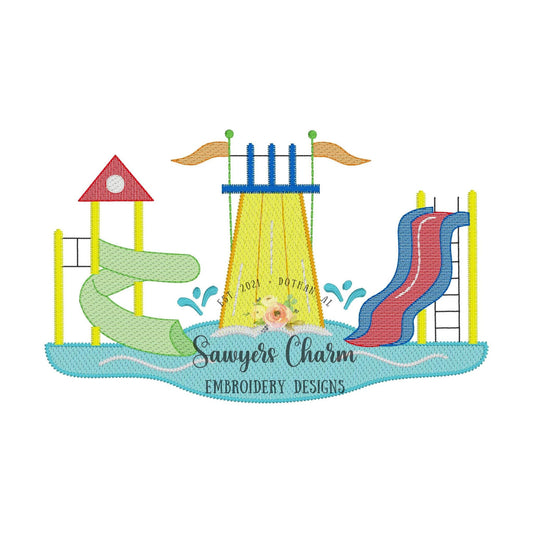 Water park slides trio sketch stitch machine embroidery design file, quick stitch, summer fun, pool, swimming, bean stitch details, play